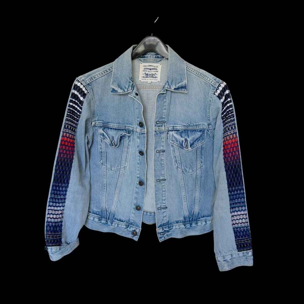 Levi Made & Crafted Denim Trucker Jacket Light Wash Woven Sleeve Detail Womens S